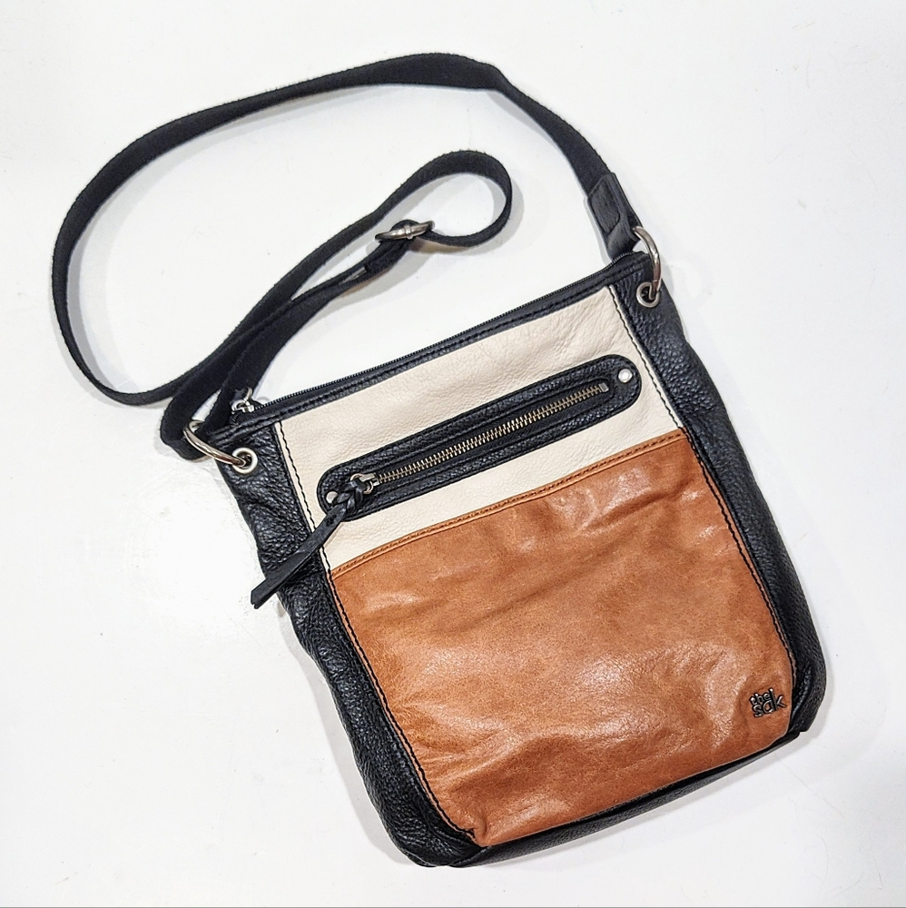 The Sak Laurel Crossbody Black Brown Beige Tri Color Leather Purse Shoulder Bag